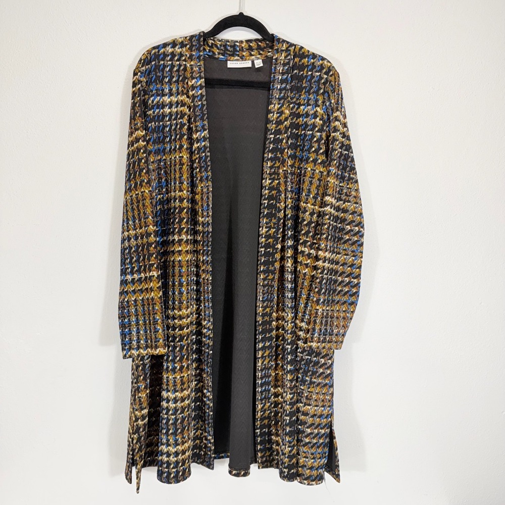 Susan Graver Houndstooth Duster Multicolor Open Front Cardigan Size XL